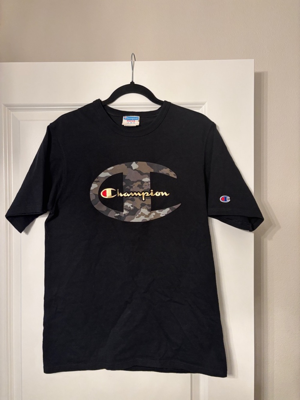 Champion Black Tee with Camo Logo and Gold Script